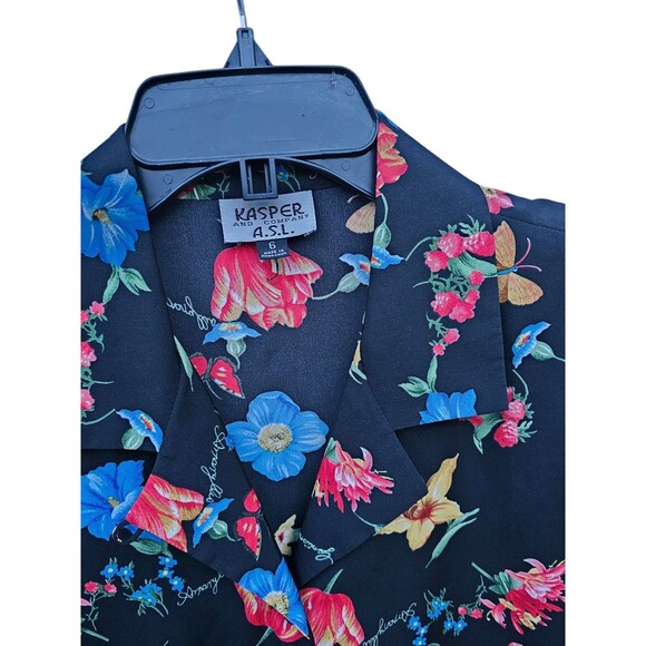 Vintage Kasper ASL Blouse 6 Skirt 10 Set Hawaiian Outfit Black Floral Shirt Top - Picture 15 of 16